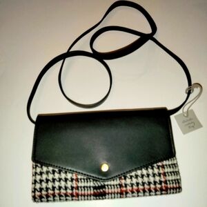A. New. Day Black Faux Leather & Plaid Pattern Academia Crossbody Wallet (NWT)
